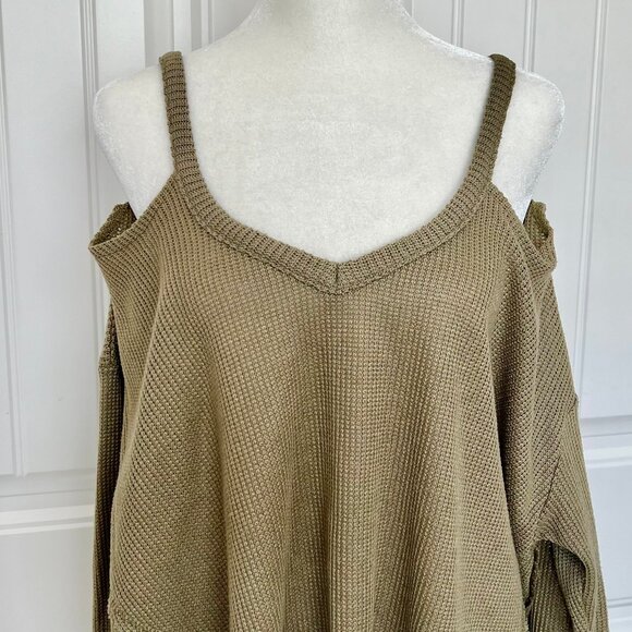 ANTHROPOLOGIE Deletta Millipa Cold Shoulder Waffle Knit Olive Swing Top - Med - Picture 5 of 13